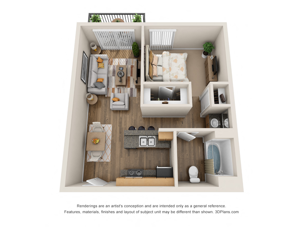 Floor plan for 1 bed, 1 bath, 668 sqft